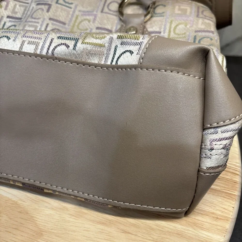 Vintage Liz Claiborne Handbag Beige Silver Two Handle Monogram Satchel Y2K